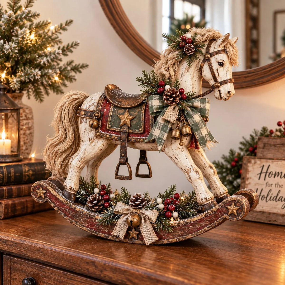Rocking Horse Christmas Decoration Distressed Wood Tabletop Accent