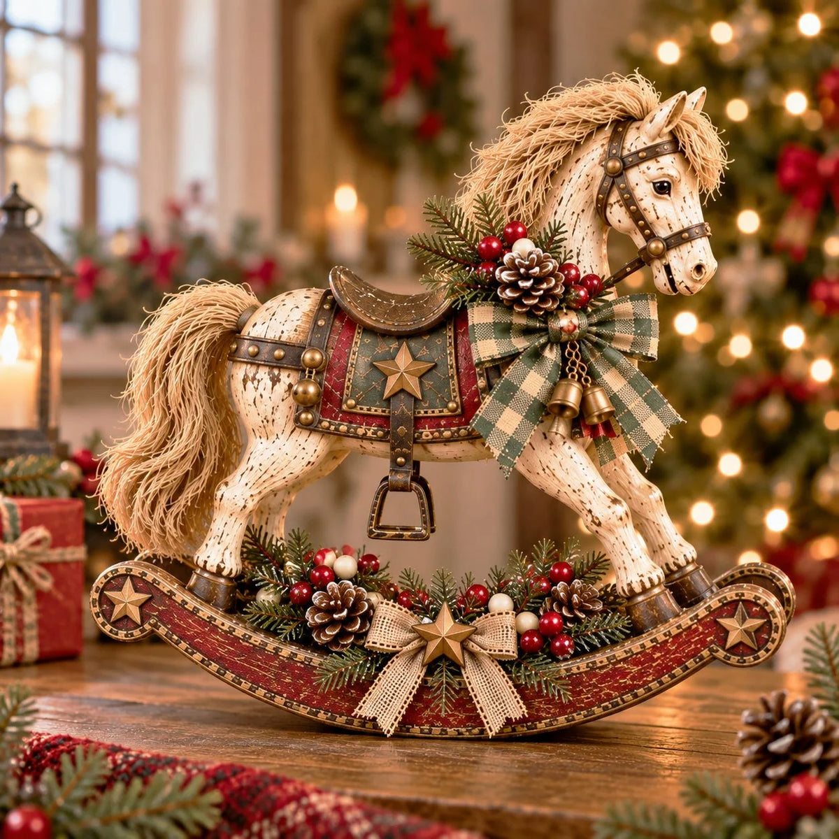 Rocking Horse Christmas Decoration Distressed Wood Tabletop Accent