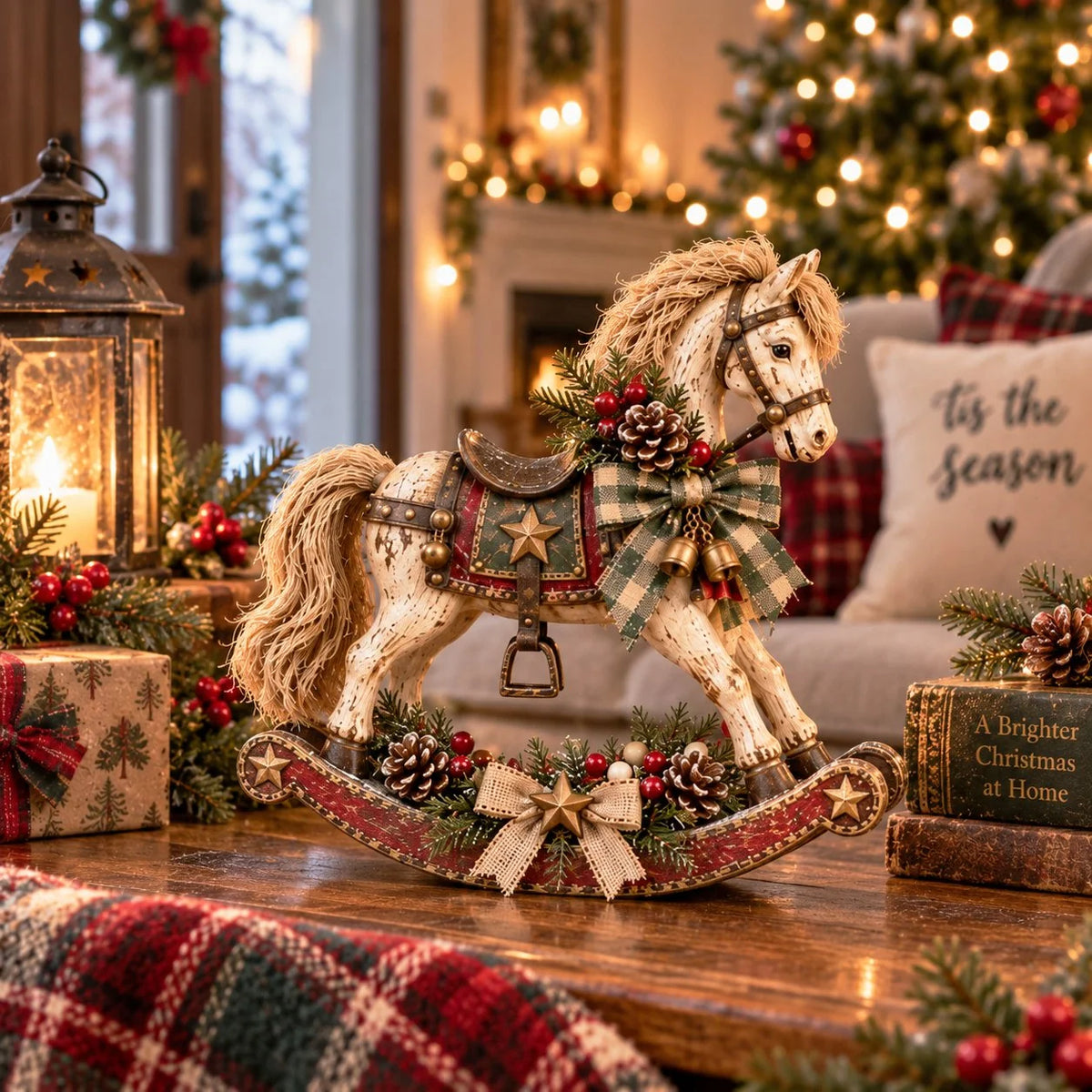 Rocking Horse Christmas Decoration Distressed Wood Tabletop Accent