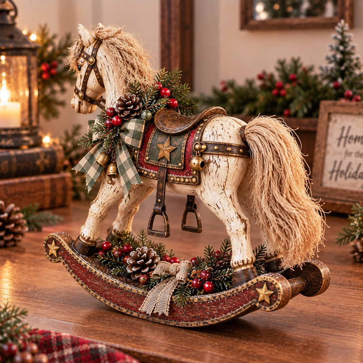 Rocking Horse Christmas Decoration Distressed Wood Tabletop Accent