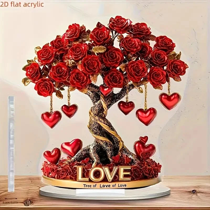 Rose Tree Ornament Heart-Shaped Acrylic Golden Base