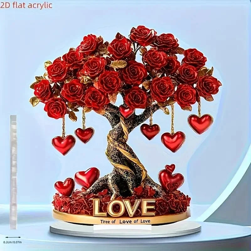 Rose Tree Ornament Heart-Shaped Acrylic Golden Base