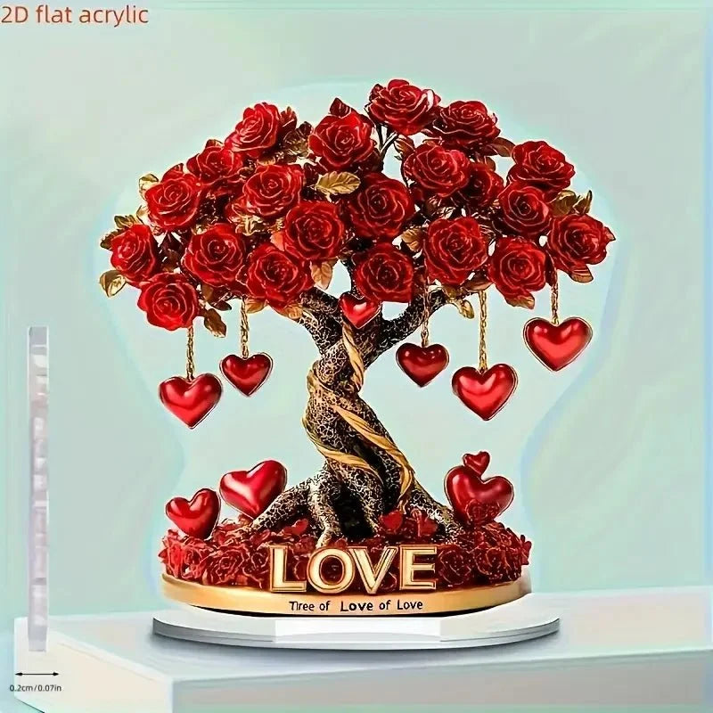 Rose Tree Ornament Heart-Shaped Acrylic Golden Base