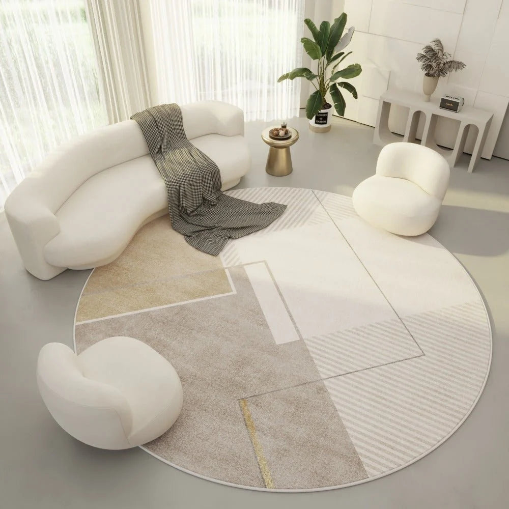 Round Area Rug Soft Polyester Geometric Print Easy-Clean Surface
