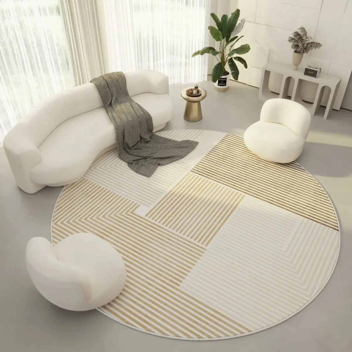 Round Area Rug Soft Polyester Geometric Print Easy-Clean Surface