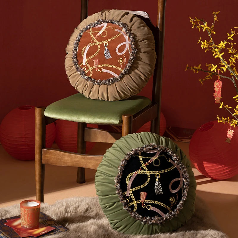 Round Decorative Cushion Pleated Hem Embroidered Panel
