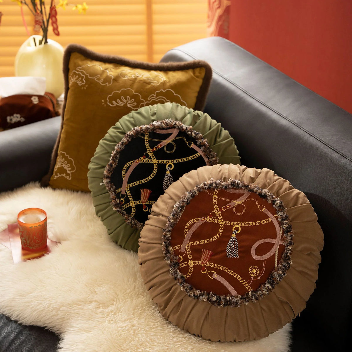 Round Decorative Cushion Pleated Hem Embroidered Panel