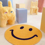 Round Rug Yellow Smiley Design Soft Fleece Machine Washable