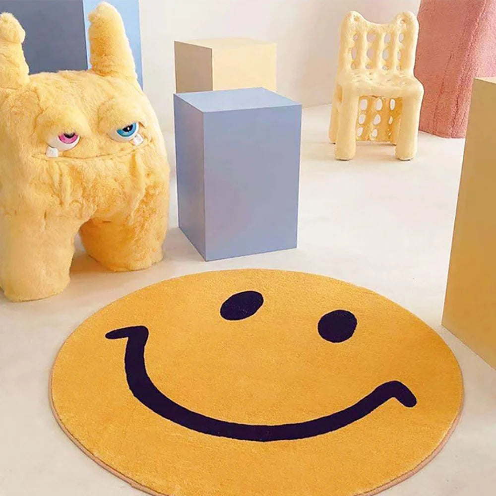 Round Rug Yellow Smiley Design Soft Fleece Machine Washable