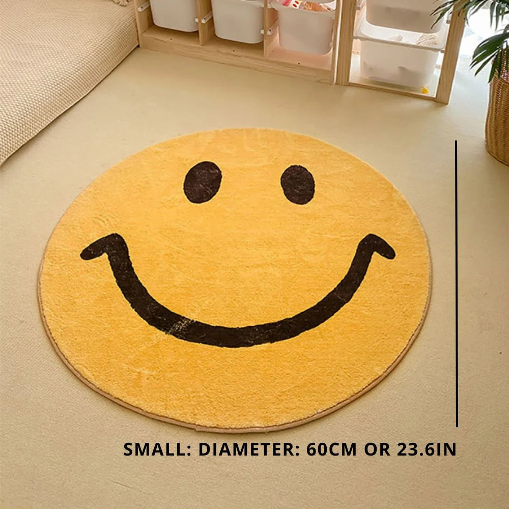 Round Rug Yellow Smiley Design Soft Fleece Machine Washable