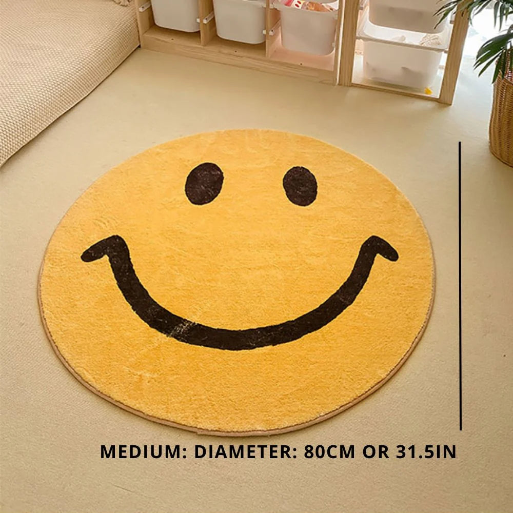 Round Rug Yellow Smiley Design Soft Fleece Machine Washable