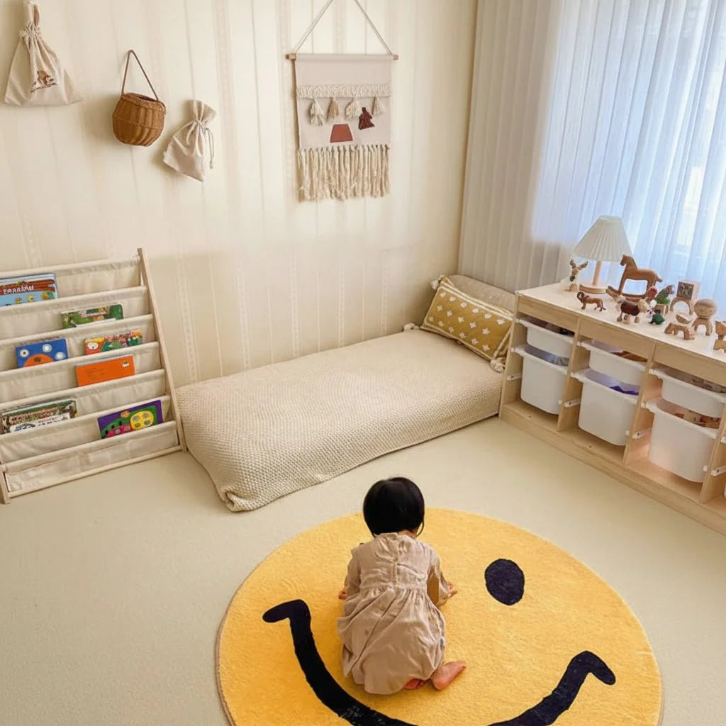 Round Rug Yellow Smiley Design Soft Fleece Machine Washable