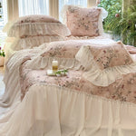 Ruffled Bedding Set Vintage Floral Cotton Blend