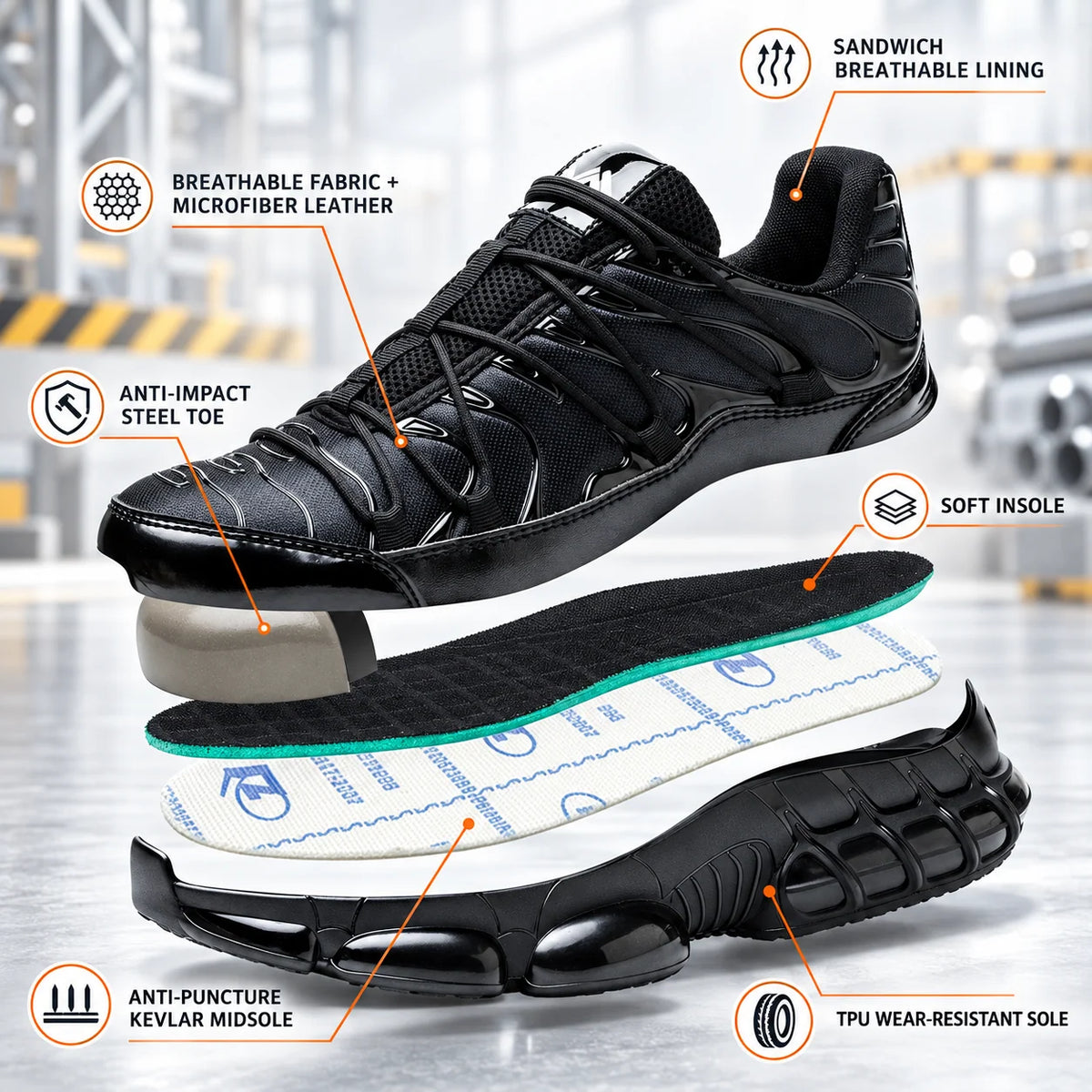 Safety Sneakers Reinforced Toe Puncture-Resistant Sole Slip-Resistant Tread