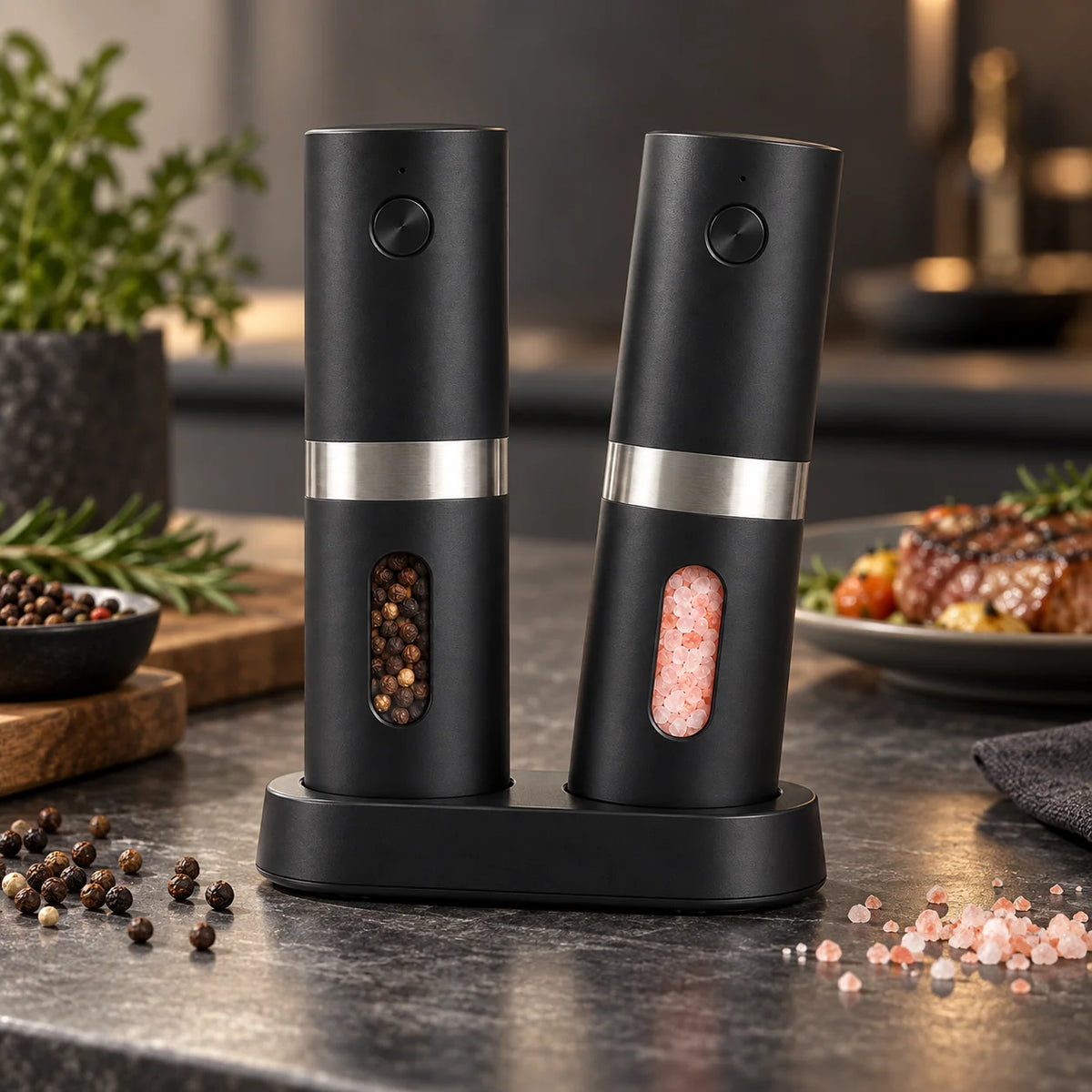 Salt And Pepper Mill Set Rechargeable Adjustable Grind LED Light