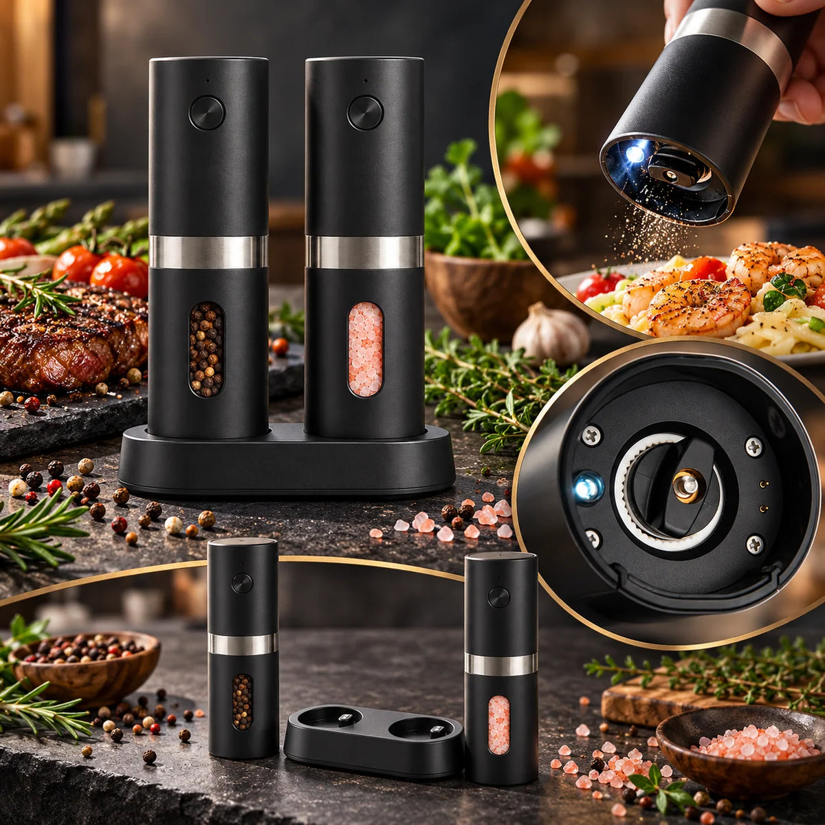 Salt And Pepper Mill Set Rechargeable Adjustable Grind LED Light