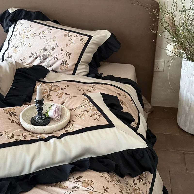 Satin Bedding Set Embroidered Floral Ruffle Concealed Zipper