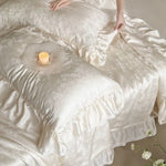 Satin Bedding Set Floral Jacquard & Ruffled Hem 4-Piece