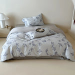 Satin Bedding Set Floral Print Ruffle Trim 4-Piece Set