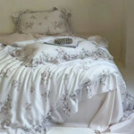 Satin Bedding Set Floral Print Ruffle Trim 4-Piece Set
