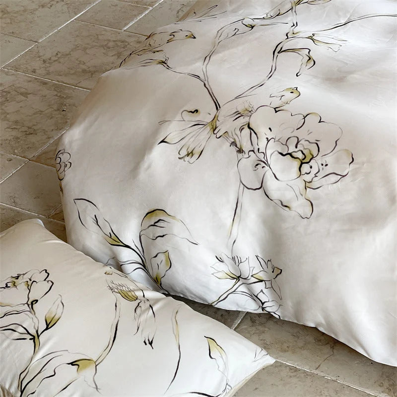 Satin Bedding Set Floral Print Ruffle Trim 4-Piece Set