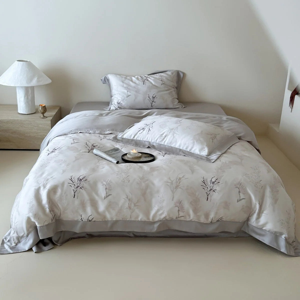 Satin Bedding Set Floral Print Ruffle Trim 4-Piece Set