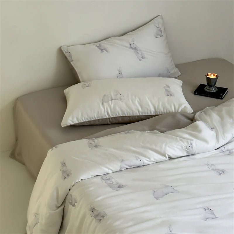 Satin Bedding Set Floral Print Ruffle Trim 4-Piece Set