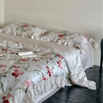 Satin Bedding Set Floral Print Ruffle Trim 4-Piece Set