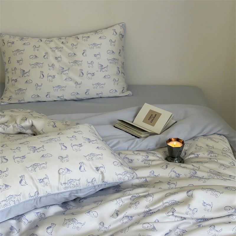 Satin Bedding Set Floral Print Ruffle Trim 4-Piece Set