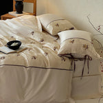 Satin Bedding Set Jacquard Floral Embroidery & Ribbon Ties