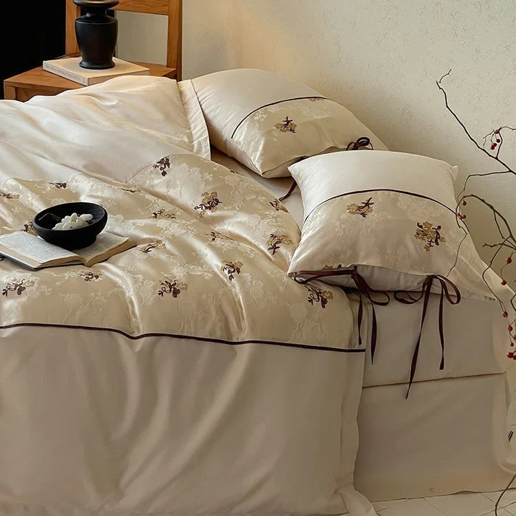 Satin Bedding Set Jacquard Floral Embroidery & Ribbon Ties