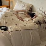 Satin Bedding Set Jacquard Floral Embroidery & Ribbon Ties