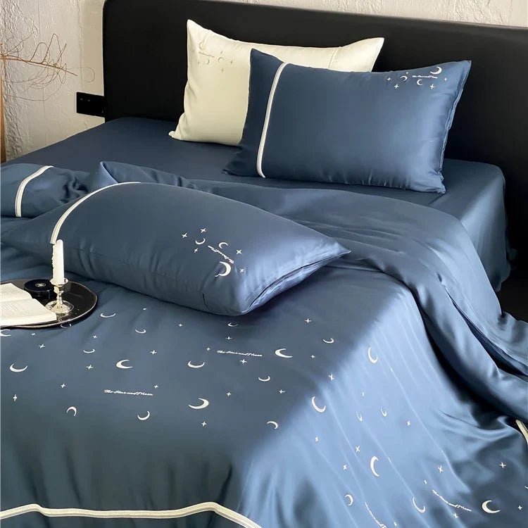 Satin Bedding Set Moon & Star Motif Breathable Colorfast