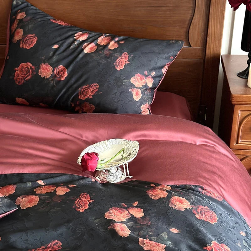 Satin Bedding Set Reversible Rose Wrinkle-Resistant