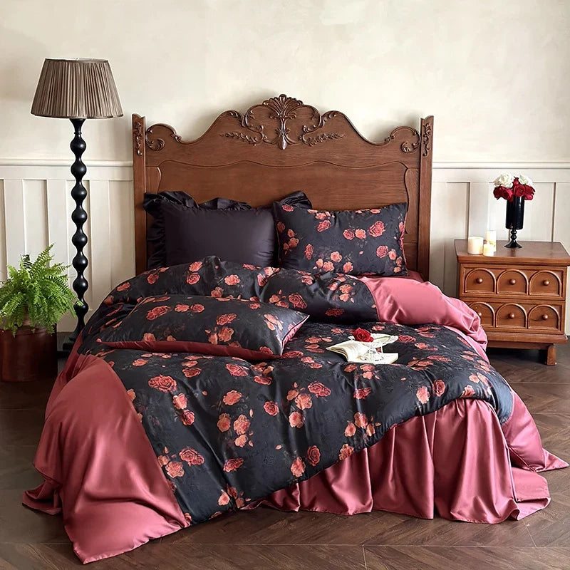 Satin Bedding Set Reversible Rose Wrinkle-Resistant
