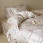 Satin Bedding Set Rose Print & Ruffled Hem