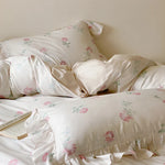 Satin Bedding Set Rose Print & Ruffled Hem
