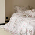 Satin Bedding Set Rose Print & Ruffled Hem