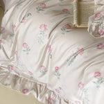 Satin Bedding Set Rose Print & Ruffled Hem