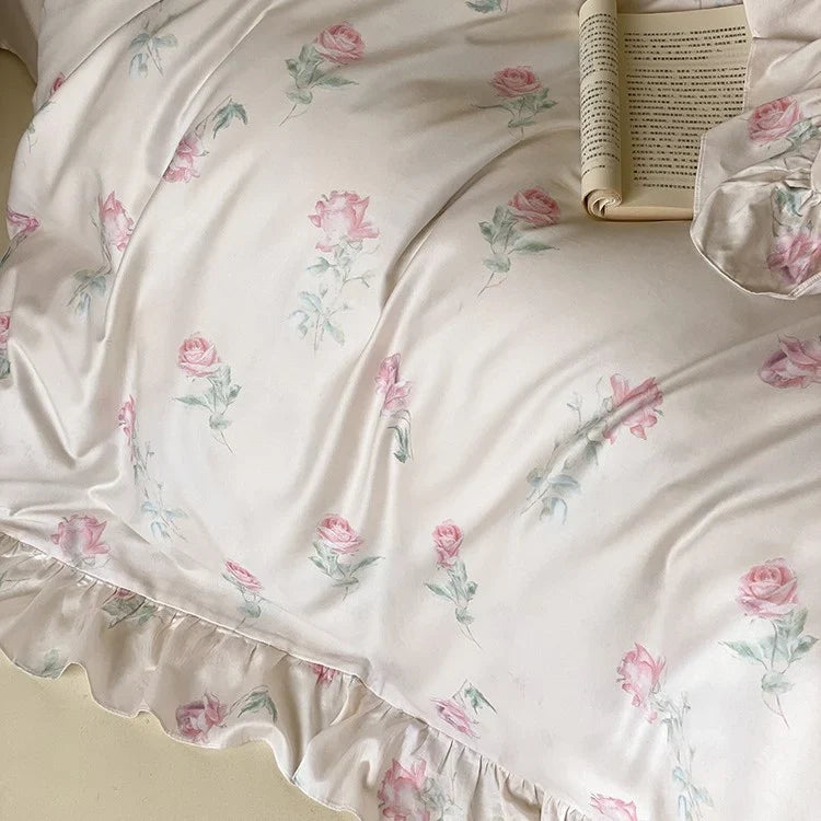 Satin Bedding Set Rose Print & Ruffled Hem