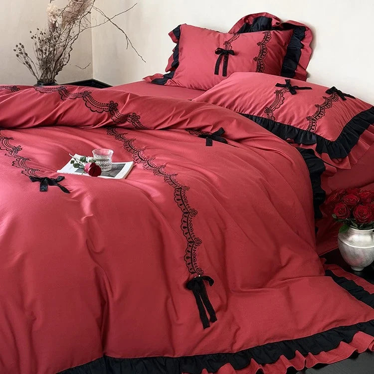 Satin Bedding Set Ruffled Lace Temperature-Regulating 4-Piece