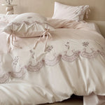 Satin Bedding Set Silky Floral Embroidery & Ruffled Edges