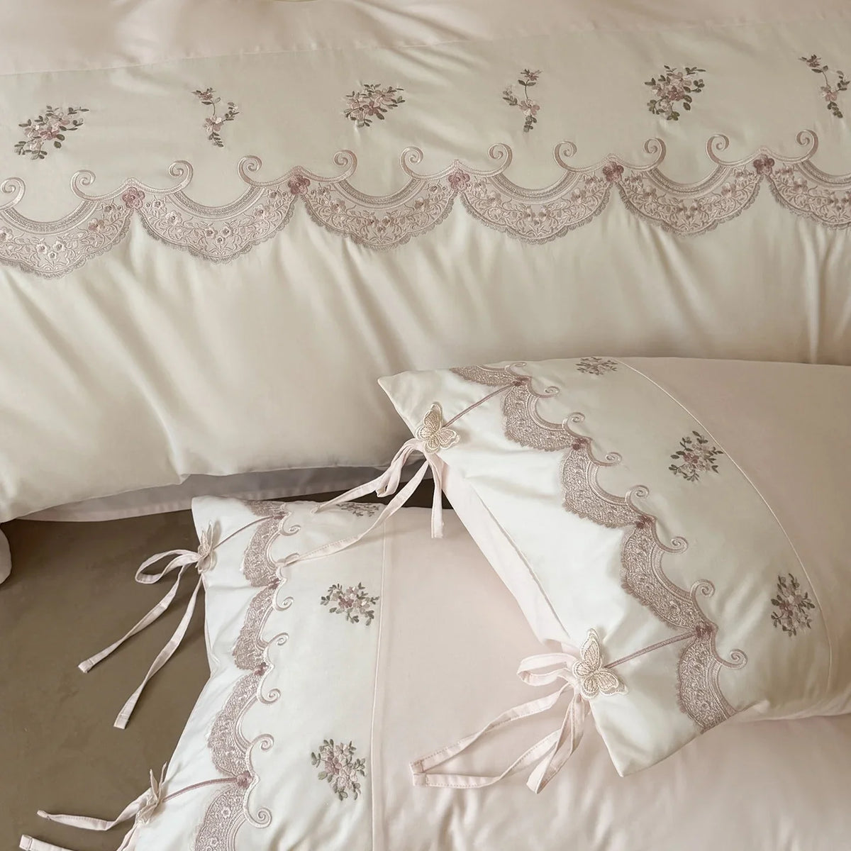Satin Bedding Set Silky Floral Embroidery & Ruffled Edges