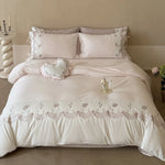 Satin Bedding Set Silky Floral Embroidery & Ruffled Edges