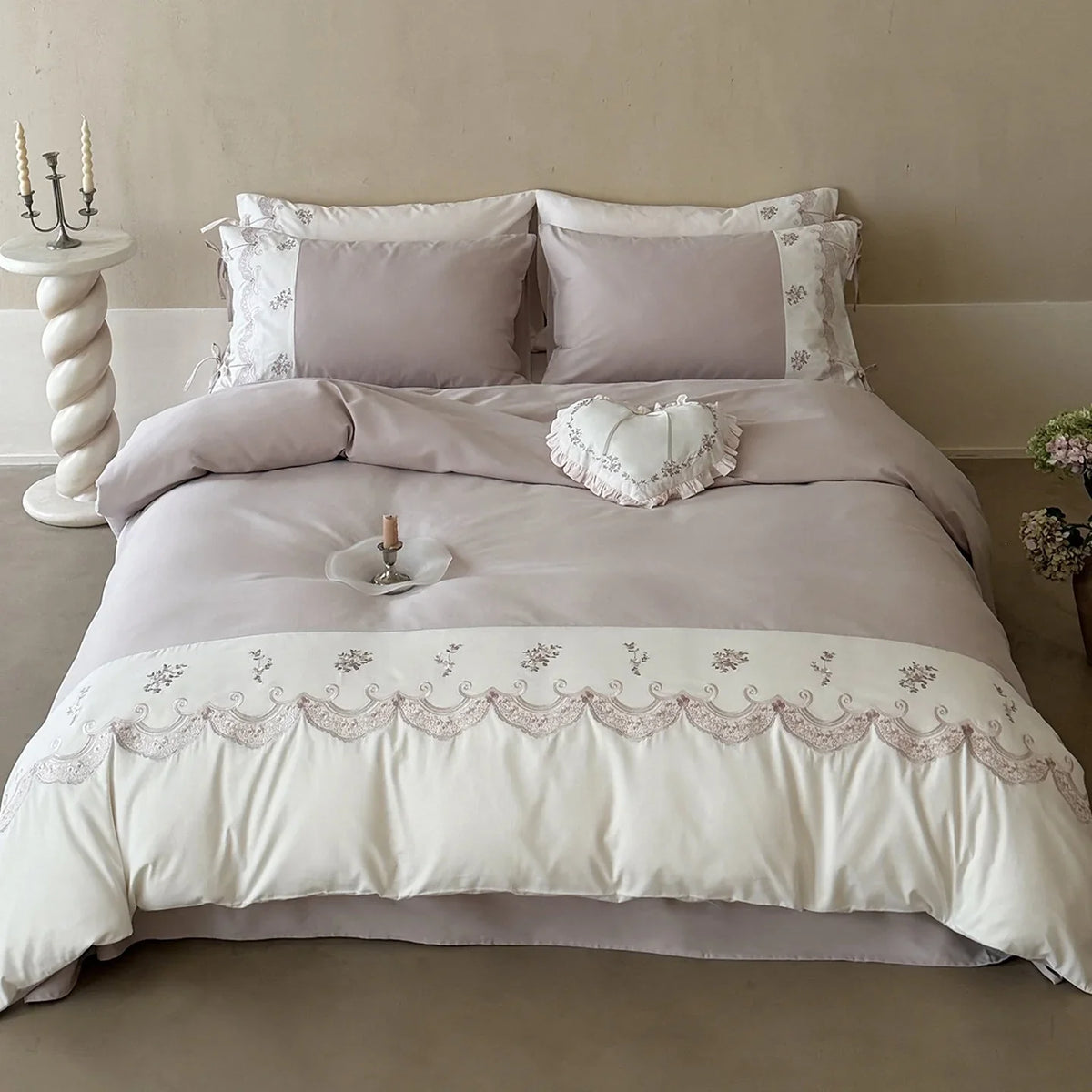 Satin Bedding Set Silky Floral Embroidery & Ruffled Edges