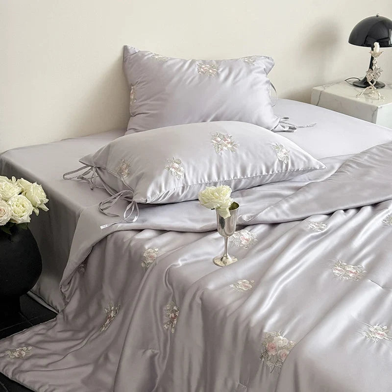 Satin Bedding Set Silky-Gloss Rose Embroidery Wrinkle-Resistant