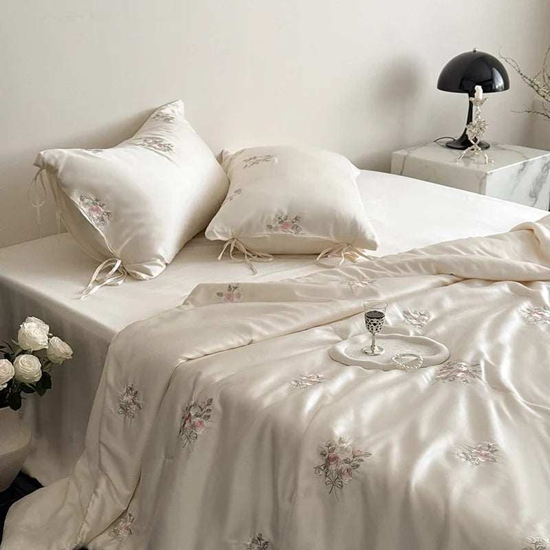 Satin Bedding Set Silky-Gloss Rose Embroidery Wrinkle-Resistant