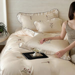 Satin Bedding Set Silky-Soft Embroidered Pleated Frill Machine Washable