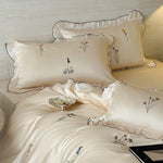Satin Bedding Set Silky-Soft Embroidered Pleated Frill Machine Washable