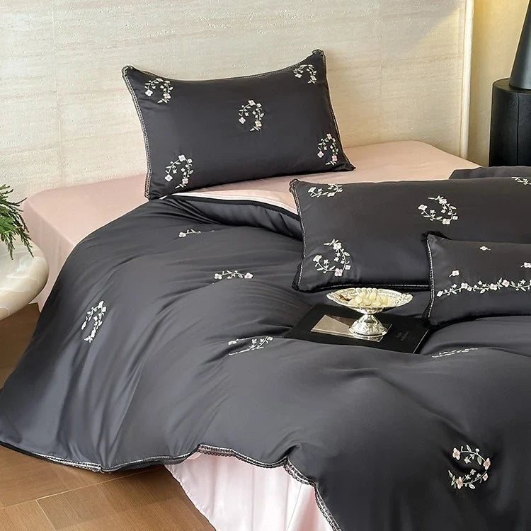 Satin Bedding Set Silky-Soft Embroidered Pleated Frill Machine Washable